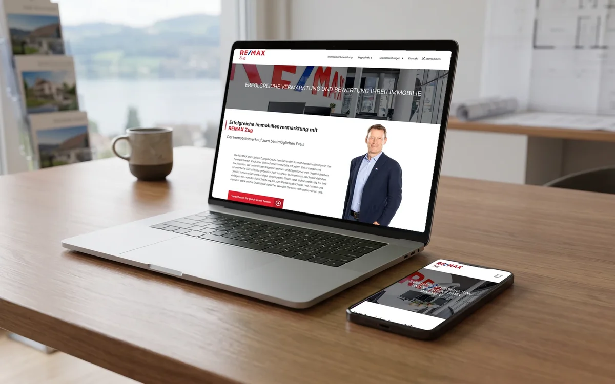 Website Remax Zug Immobilien in Rotkreuz auf Laptop und Smartphone