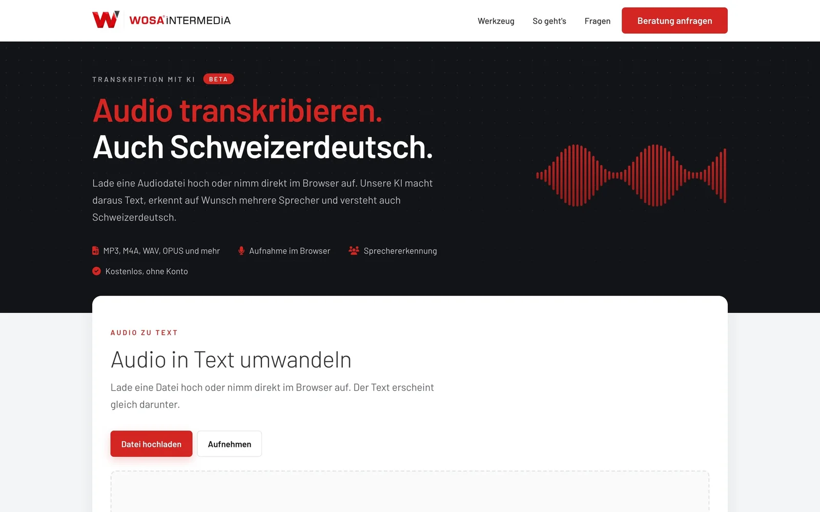 Startseite des WOSA Transcribers auf wosa.ch, Audio transkribieren auch auf Schweizerdeutsch