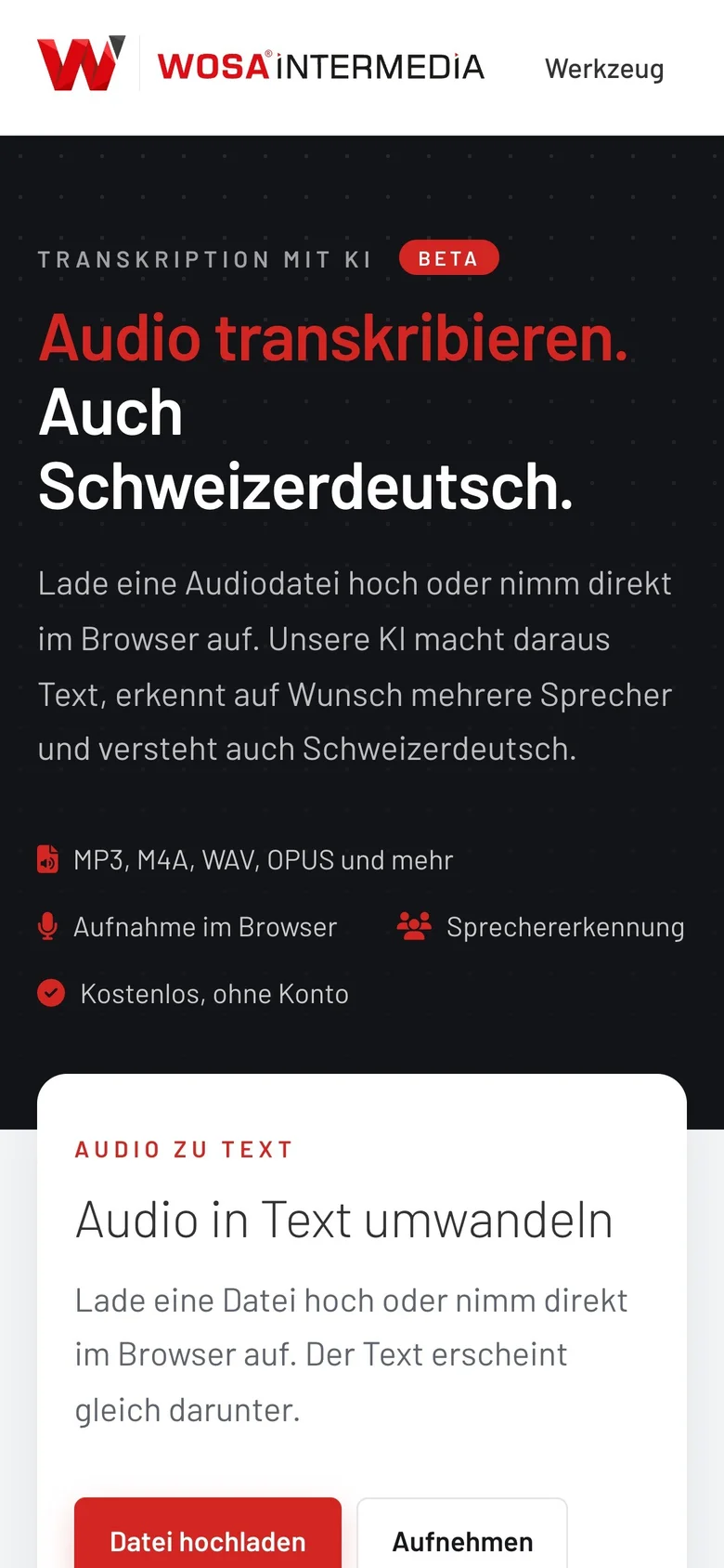 WOSA Transcriber in der Mobile-Ansicht mit Upload und Aufnahme im Browser